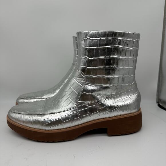 Fitflop Kinbey Croc Embossed Ankle Metallic Silver Boot Shoes Womens Size 6 - Picture 3 of 15